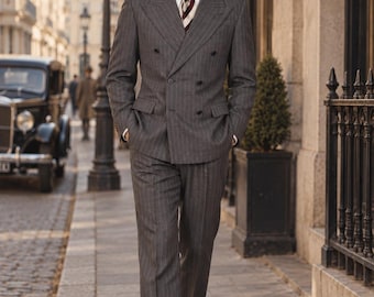 Men’s 1930s Vintage Pinstripe Double Breasted Suit | Grey Pinstripe 3 Piece Inspired Suit | Retro Gangster Style | Custom Made Mens Suit
