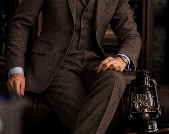 Men’s Brown Wool Suit | 3 Piece Tweed Suit | Classic Wool Business Suit | Tweed Wool Wedding Suit