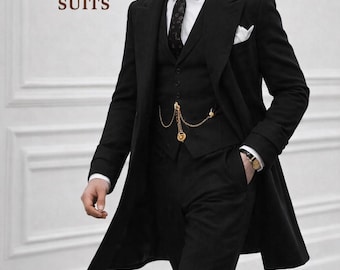 1920s Black 3 Piece Suit – Retro Vintage Style Long Coat, Tailored Trousers & Waistcoat | 3-Piece Vintage Style Suit