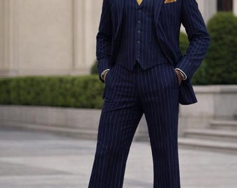 Navy Blue Pinstripe 3 Piece Suit Men – Vintage 70s Retro Suit, Wide Leg Pants, Wedding Suit, Custom Tailored Mens Suit Peaky Blinders style