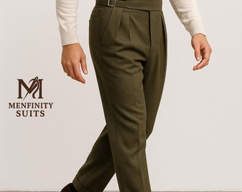 Pantalones Gurkha de lana verde oliva / Pantalones de invierno plisados de talle alto para hombre