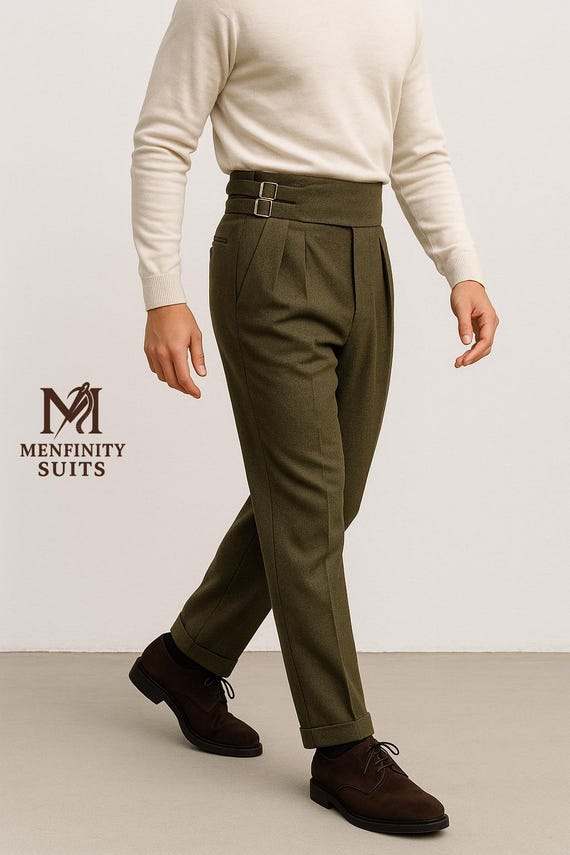 Olive Green Wool Gurkha Trousers | Men's High-waist Pleated Winter
