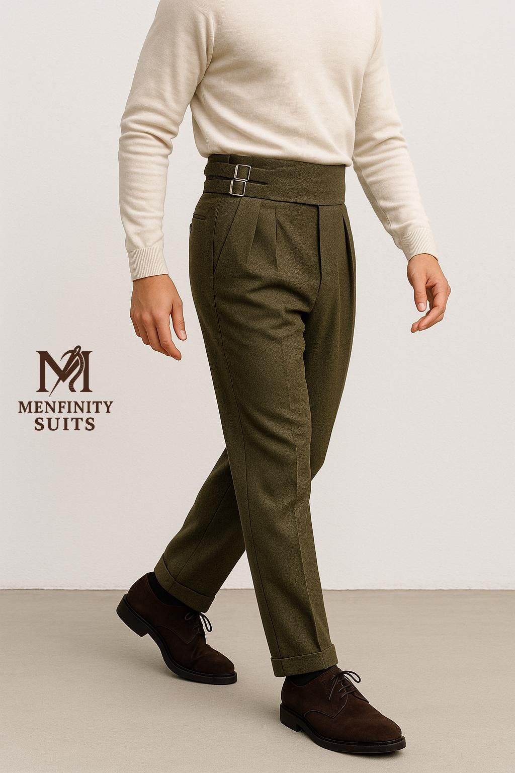 Olive Green Wool Gurkha Trousers | Men's High-waist Pleated Winter