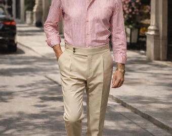 Men's Pink Stripe Shirt & Beige Gurkha Trousers | Summer Tailored Outfit
