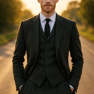 May include: A three-piece charcoal gray suit with a matching flat cap. The suit includes a blazer, vest, and trousers. A white dress shirt and black tie complete the ensemble. The image includes the text "MENFINITY SUITS".