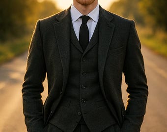 1930s Vintage Three-Piece Suit for Men | Tailored Black Tweed Winter Suit | Classic English Style Formal Wedding Suit |