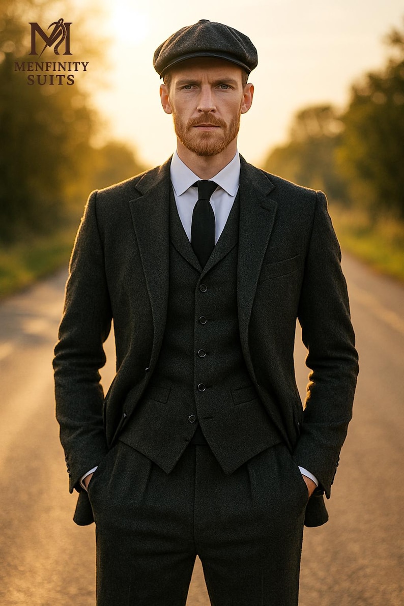 May include: A three-piece charcoal gray suit with a matching flat cap. The suit includes a blazer, vest, and trousers. A white dress shirt and black tie complete the ensemble. The image includes the text "MENFINITY SUITS".