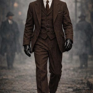 May include: A brown tweed suit comprising a jacket, waistcoat, and trousers. The outfit is complemented by a white shirt, brown tie, and black gloves. A dark cap is worn. The image features the text "MENFINITY SUITS". The suit is suitable for formal occasions.
