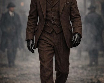 Men's Vintage Brown herringbone Tweed 3 Piece Suit: Peaky Blinders Style 90s Wool Suit | Retro Suit | Custom Tailored Suit