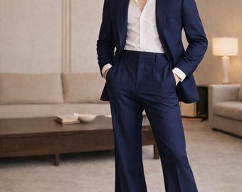 Vintage 70s navy blue flared suit - wide lapel blazer two piece mens suit, retro disco style tailored outfit, classic 1970s fashion