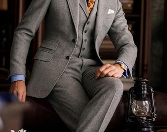 Driedelig grijs tweed-wollen kostuum | Getailleerde pasvorm, formeel pak in jaren 1920-stijl, vintage look, zakelijke jurk custom herenkleding