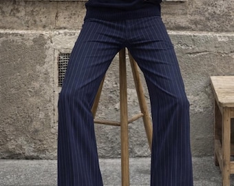 Classic Retro 70s Navy Blue Pinstripe Wide-Leg Trousers – Men's Formal Vintage Pants