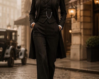 Women’s Black Pinstripe Peaky Blinders Suit | Custom 3 Piece Suit with Long Coat | 1920s Vintage Tailored Pantsuit | Bespoke Outfit