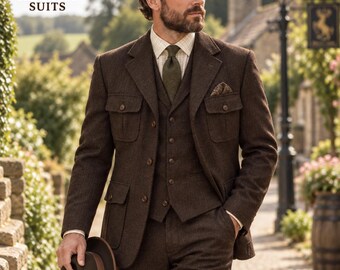 Men’s Dark Brown Suit | 4 Pocket Tweed Blazer Suit | Retro Wedding Suit | Gentleman Style | Peaky Blinders wedding Suits