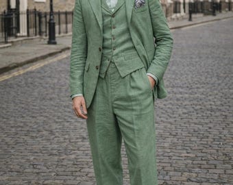 Sage Green Linen Three Piece Suit: Vintage Style Summer Wedding Menswear