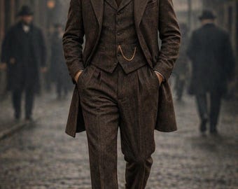 Men's Vintage Brown Herringbone Tweed 3 Piece Suit: Peaky Blinders Style 90s Wool Suit | British Style Retro Suit | Custom Tailored Fit