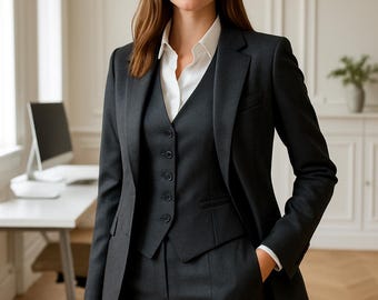 Handgefertigter, anthrazitfarbener, formeller Büroanzug: 3-teiliger Businessanzug für Damen | Maßgeschneiderter Premiumstoff, individuelle Passform und Businesskleidung