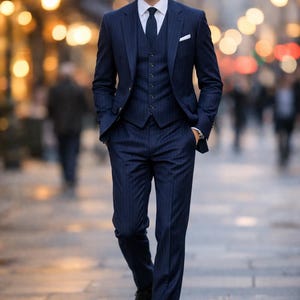 Men's Navy Pinstripe 3-Piece Suit | Custom Tailored Formal Outfit