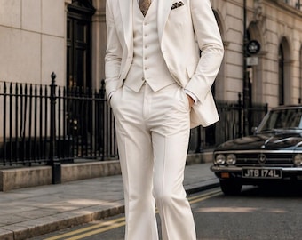 Vintage 70s Ivory Flared Suit - Wide Lapel Blazer Men's Suit | Retro Disco Style Tailored Outfit | Classic 1970s Fashion Vintage 70s Suit