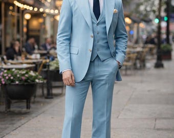 Vintage 70s sky blue flared suit - wide lapel blazer mens suit, retro disco style tailored outfit, classic 1970s fashion Vintage 70s suit