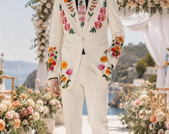 Traje de boda para hombre color marfil con bordado floral – Traje de novio de 2 piezas a medida, esmoquin para boda en la playa color marfil, atuendo para baile de graduación y recepción.
