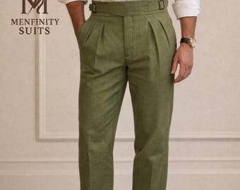 Olive Green Pleated Linen Pants | Men's High Waist Gurkha Trousers, 90s Style Folded Hem