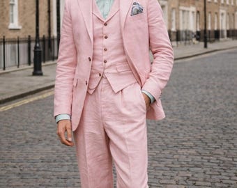 Men's Pink Linen Three Piece Suit: Classic 90s Style Suit | Vintage Wedding Suit | Retro Formal Outfit