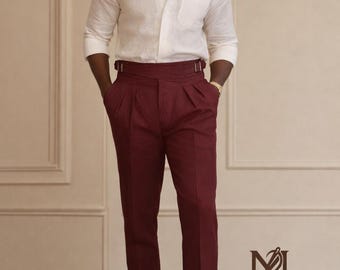 Burgundy Pleated Trousers for Men | High Waisted Pants | Side Adjuster Pants | Cuffed Hem Dress Pants | Vintage Style Tailored Pants