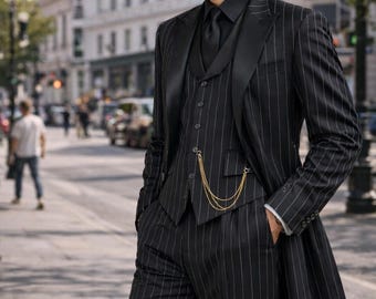 1920s Black Pinstripe 3 Piece Suit – Retro Vintage Style Long Coat, Tailored Trousers & Waistcoat