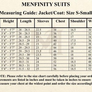 May include: A size chart for Menfinity Suits, detailing jacket/coat measurements for size S-Small. Includes chest, shoulder, and waist measurements in inches, with sleeve and length measurements also in inches. Text at the bottom advises to measure chest and order accordingly.