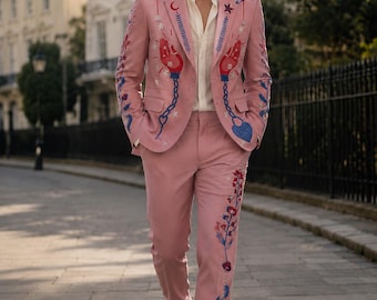 Luxury Men's Embroidered Dusty Rose Custom Tailored Suit