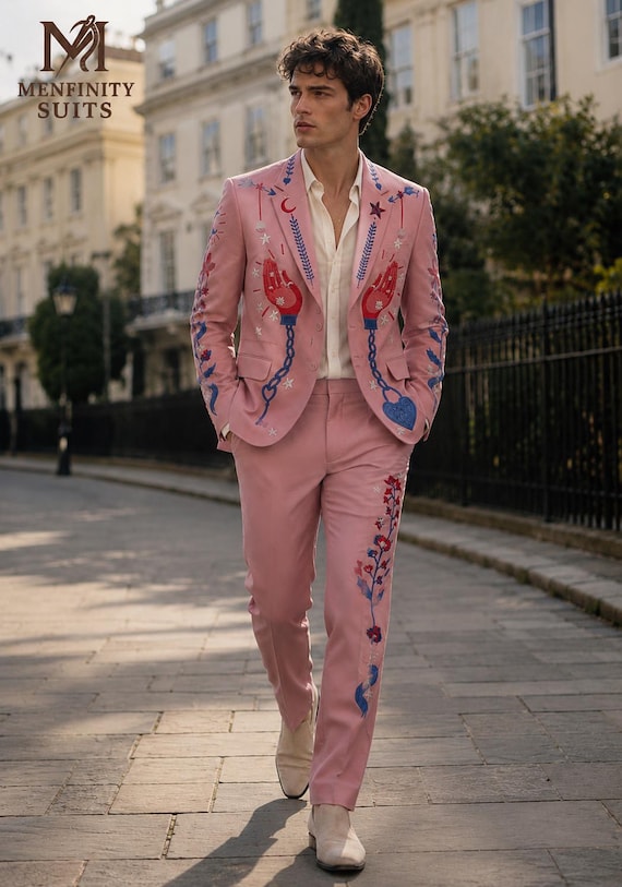 Dusty rose Embroidered Suit for Men | LGBT Floral Suit | Custom Tailored Wedding Suit | Country Concert Suit | Luxury Prom party suit