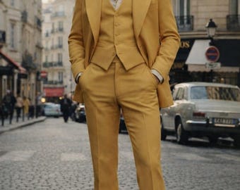 Vintage 70s Mustard flared suit - wide lapel blazer mens suit, retro disco style tailored outfit, classic 1970s fashion Vintage 70s suit