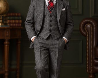 Grey herringbone Tweed 3 Piece Suit: Peaky Blinders Style 90s Wool Suit | British Style Kids  Retro Suit | Custom Kids Tailored Suit