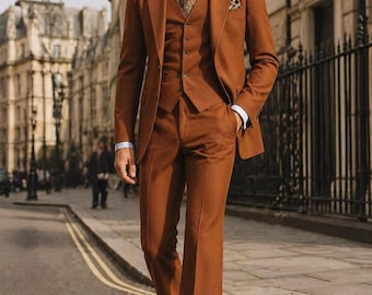 Vintage 70s Burnt Orange flared suit - wide lapel blazer mens suit, retro disco style tailored outfit, classic 1970s fashion Vintage suit
