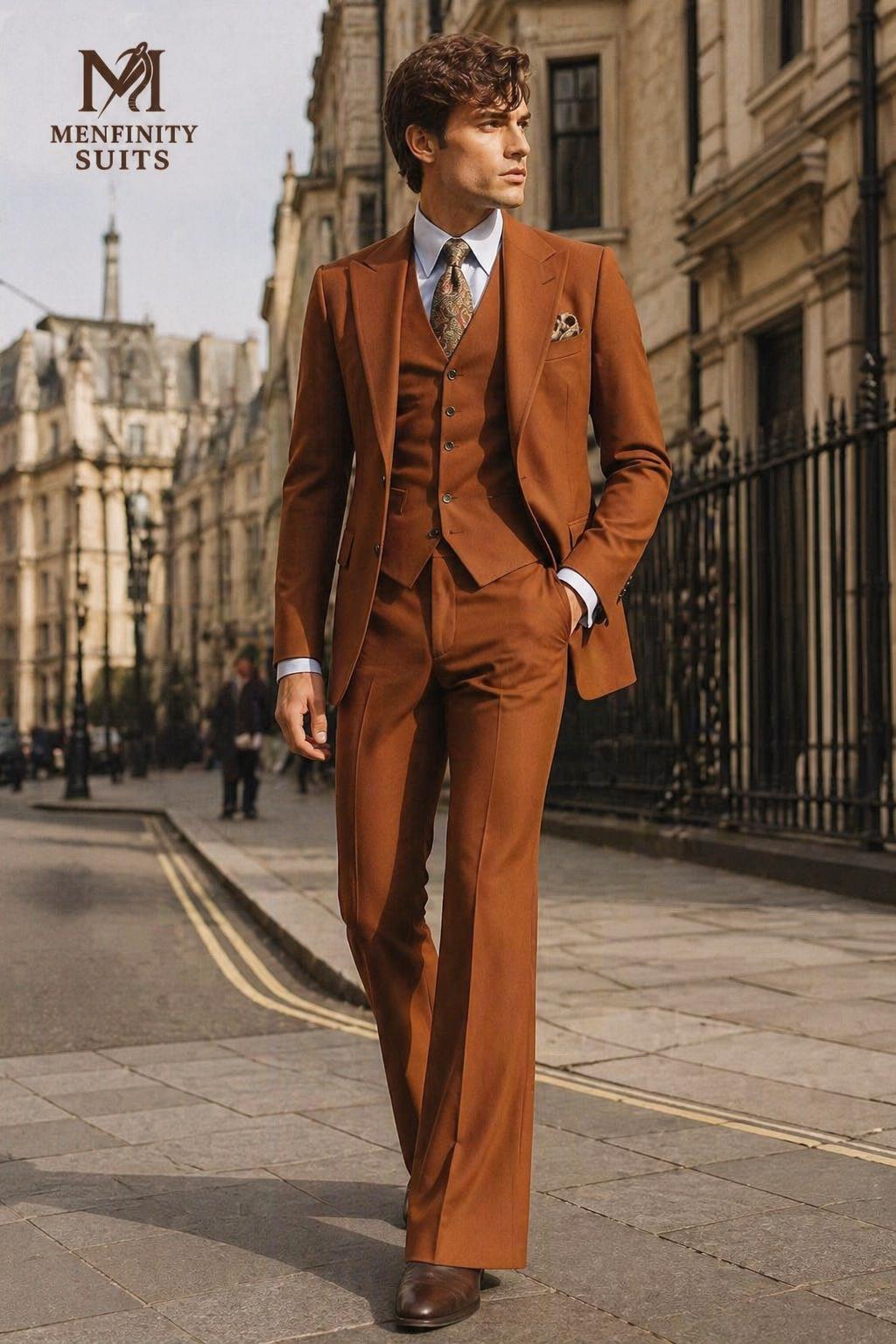 Vintage 70s Burnt Orange Flared Suit - Wide Lapel Blazer Mens Suit