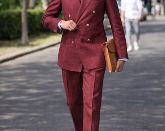 Burgundy Linen Suit for Men, Double Breasted Suit, Summer Wedding Suit, Men’s Tailored Suit, Formal Groom Suit, Lightweight Linen Blazer Set