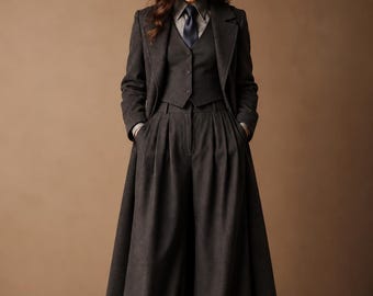 Women’s Charcoal Grey 1920s Peaky Blinders Suit | Tailored Overcoat,Waistcoat, High Waist Wide Leg Pleated Trousers, Vintage Gangster Outfit