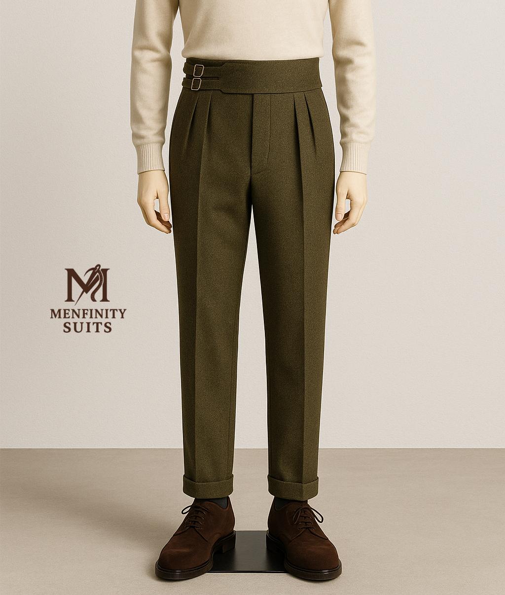 Olive Green Wool Gurkha Trousers | Men's High-waist Pleated Winter