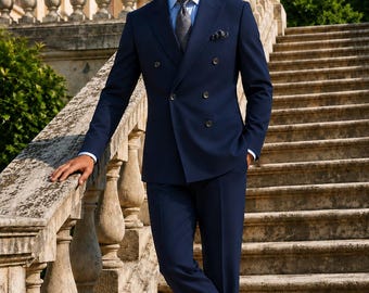 Classic Navy Blue Double Breasted Suit: Bespoke Wedding Suit for Men | Custom Tailored Formal Suit