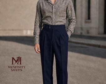 Luxury Navy Blue High Waisted Trousers | Pleated Gurkha Pants for Men | Classic Formal Menswear | Custom Fit