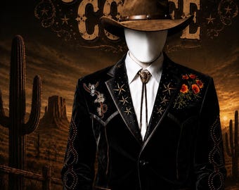 Men’s Black Cowboy Velvet Suit | Embroidered Rodeo Blazer | Custom Made Tuxedo | Gothic Western Jacket | Halloween & Costume Events