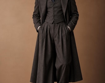 Mens Charcoal Grey 1920s Peaky Blinders Suit | Tailored Overcoat,Waistcoat, High Waist Wide Leg Pleated Trousers, Vintage Gangster Outfit
