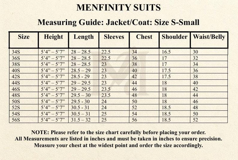 May include: A size chart for Menfinity Suits, detailing jacket/coat measurements for size S-Small. Includes sizes 34S to 56S, with measurements in inches for height, length, sleeves, chest, shoulder, and waist/belly. Text at the bottom advises on measurement.