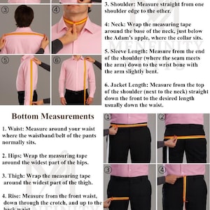 May include: Measurement guide showing how to measure for clothing. Includes diagrams for chest, waist, shoulder, neck, sleeve, and jacket length measurements. Also shows how to measure waist, hips, thigh, rise, bottom hem, and outseam length.
