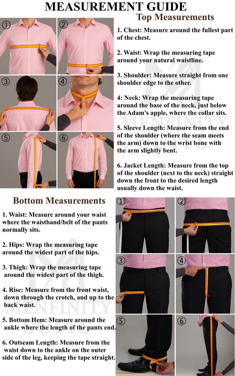 May include: Measurement guide showing how to measure for clothing. Includes diagrams for chest, waist, shoulder, neck, sleeve, and jacket length measurements. Also shows how to measure waist, hips, thigh, rise, bottom hem, and outseam length.
