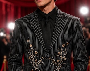 Men’s Black Pinstripe Suit with Gold Floral Embroidery | Custom Tailored Wedding Suit | Luxury Groom Tuxedo | Designer Wedding Formal Suit