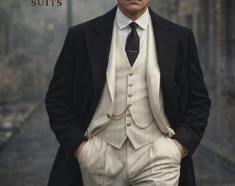 1920s Black Wool Long Coat & Ivory Pinstripe 3-Piece Ensemble | Luxury Coat, Peaky Blinders Suit