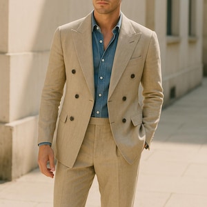 Men's Beige Linen Double Breasted Suit: Wedding Formal Suit | Italian Style Tailored Men's Suit | Menfinity Suits