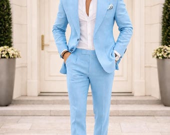 Elegant Light Blue 2 Piece Linen Suit: Custom Tailored Men’s Blazer & Pants | Formal Slim Fit Suit